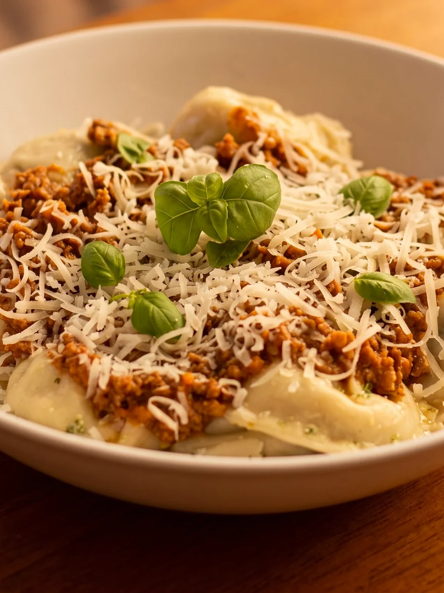 Sorrentinos caseros de Betty con salsa bolognesa y queso rallado, servidos en la mesa