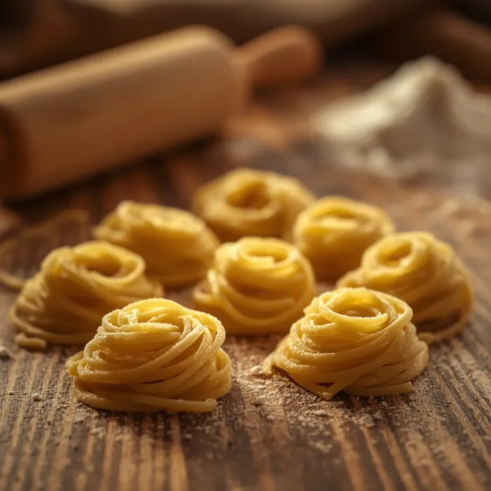 Fideos caseros recién amasados sobre la mesada